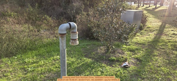 [Looking east from Norman Drive, Valdosta Force Main, 2026:01:09 16:46:47, 30.8317121, -83.3209581 --jsq for WWALS]