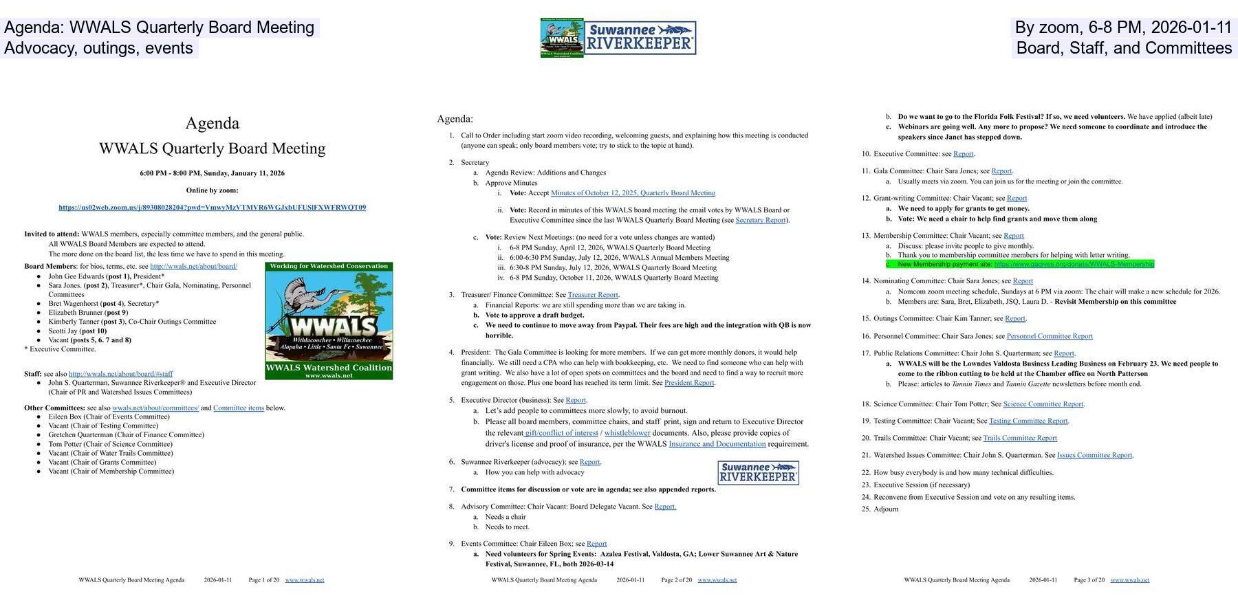 Agenda: WWALS Quarterly Board Meeting, By zoom, 6-8 PM, 2026-01-11, Advocacy, outings, events, Board, Staff, and Committees