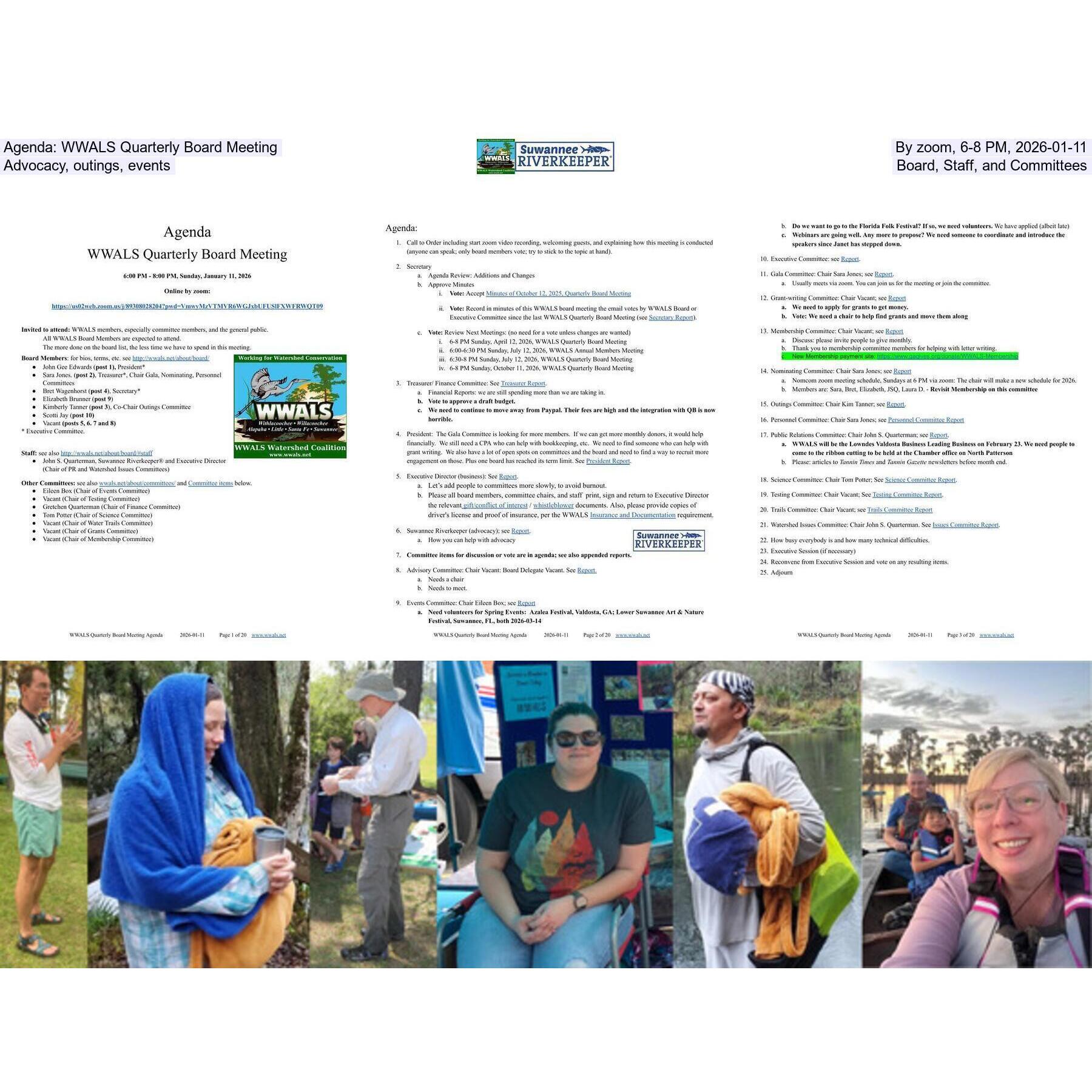 Agenda: WWALS Quarterly Board Meeting, By zoom, 6-8 PM, 2026-01-11, Advocacy, outings, events, Board, Staff, and Committees