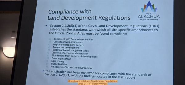 Compliance with Land Development Regulations, 2026-01-13 --jsq for WWALS