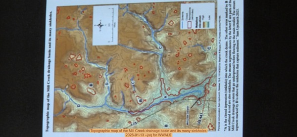 Topographic map of the Mill Creek drainage basin and its many sinkholes, 2026-01-13 --jsq for WWALS