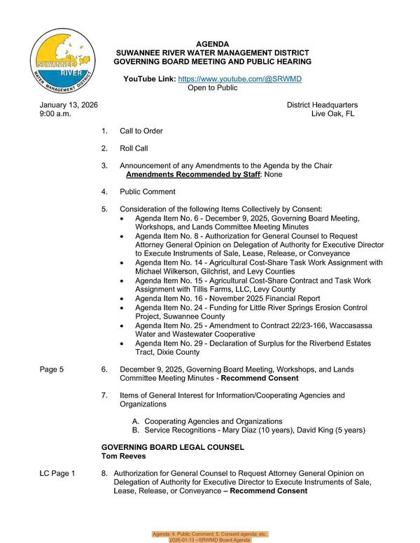[Agenda: 4. Public Comment; 5. Consent agenda; etc., 2026-01-13 --SRWMD Board Agenda]