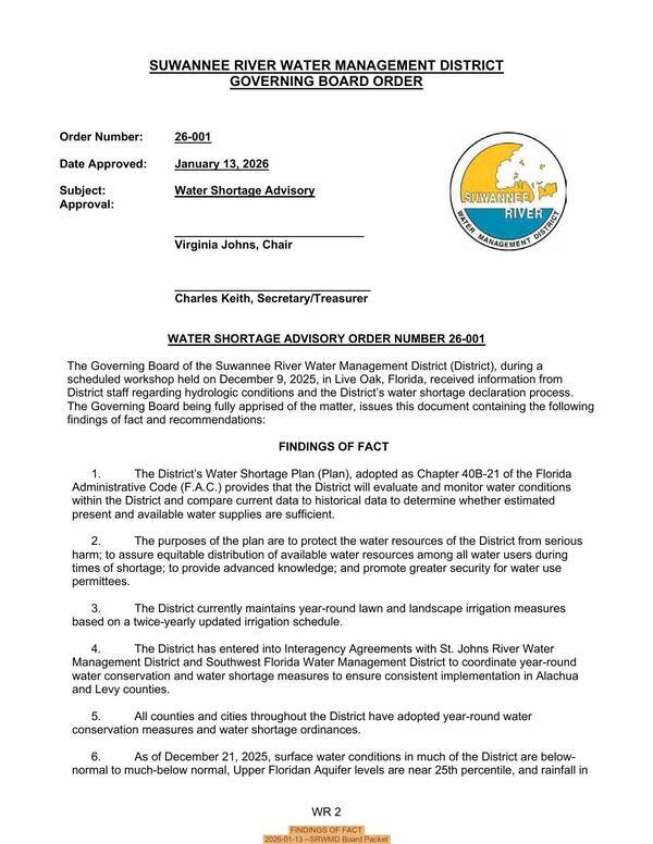 FINDINGS OF FACT, 2026-01-13 --SRWMD Board Packet