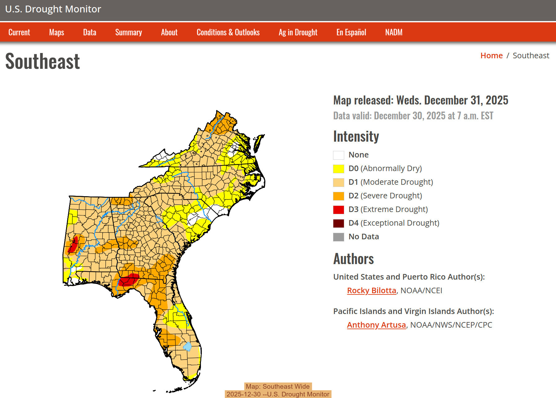 Map: Southeast Wide, 2025-12-30 --U.S. Drought Monitor