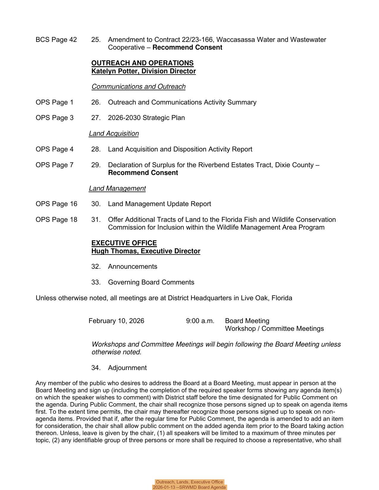 Outreach, Lands, Executive Office, 2026-01-13 --SRWMD Board Agenda