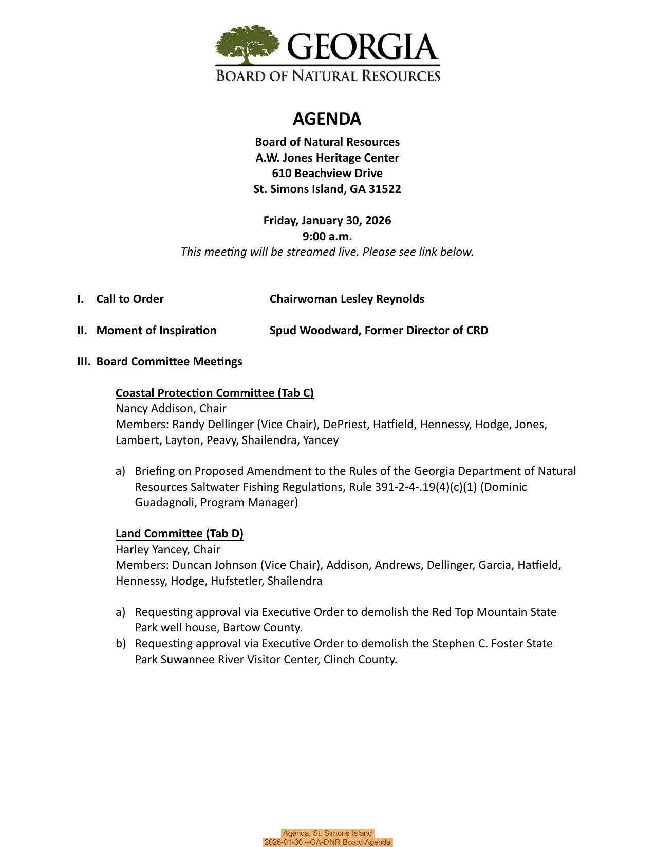 Agenda, St. Simons Island, 2026-01-30 --GA-DNR Board Agenda