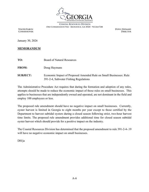 Economic Impact of Proposed Amended Rule on Small Businesses: Rule 391-2-4, Saltwater Fishing Regulations