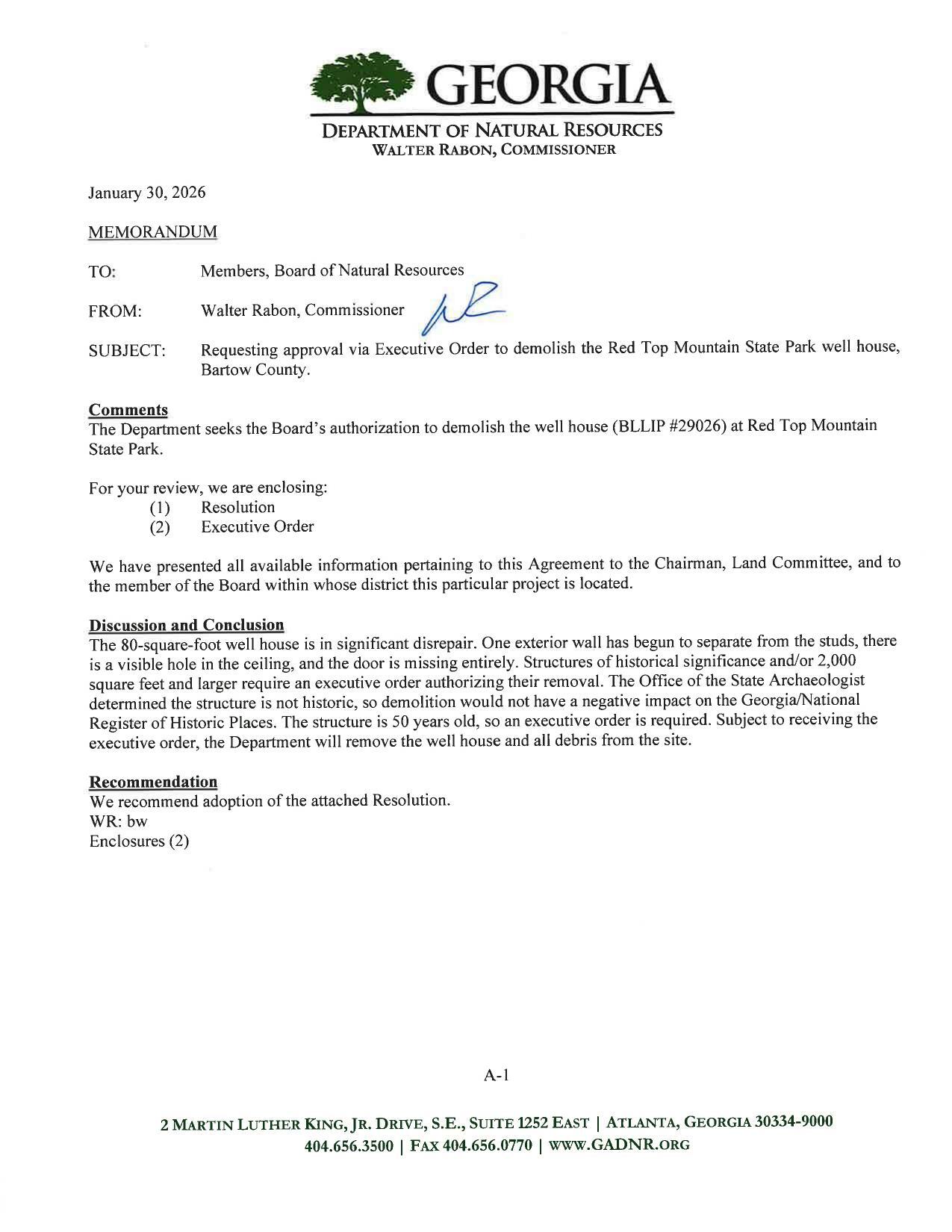 Requesting approval via Executive Order to demolish the Red Top Mountain State Park well house, Bartow County.