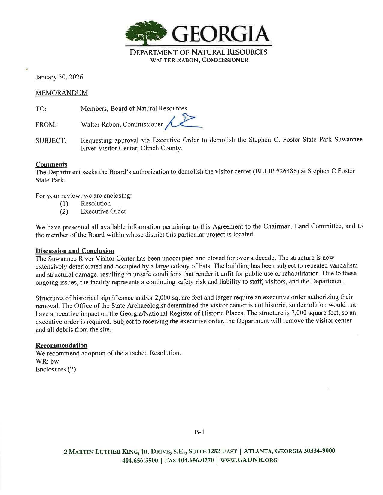 Requesting approval via Executive Order to demolish the Stephen C. Foster State Park Suwannee River Visitor Center, Clinch County.