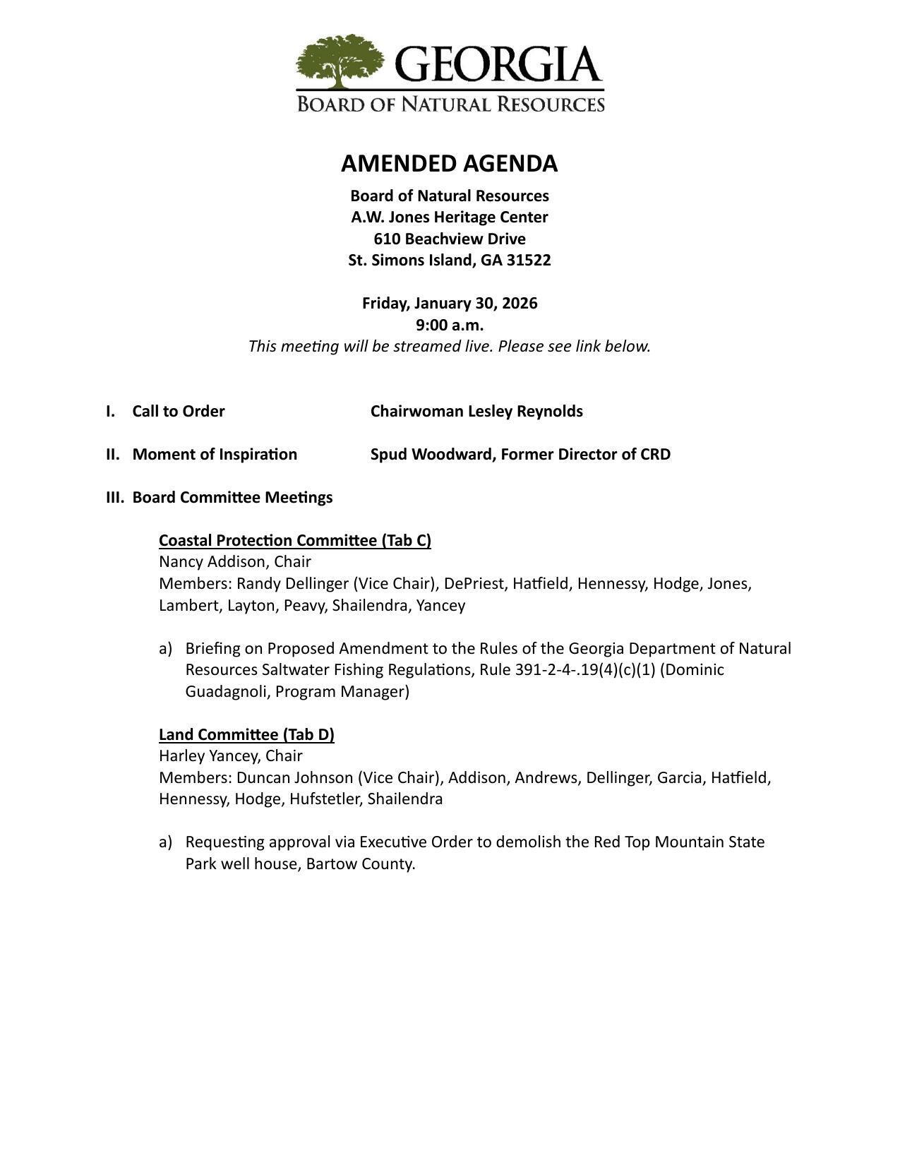 St. Simons Island, GA, Friday, January 30, 2026, 9 AM, and livestreamed