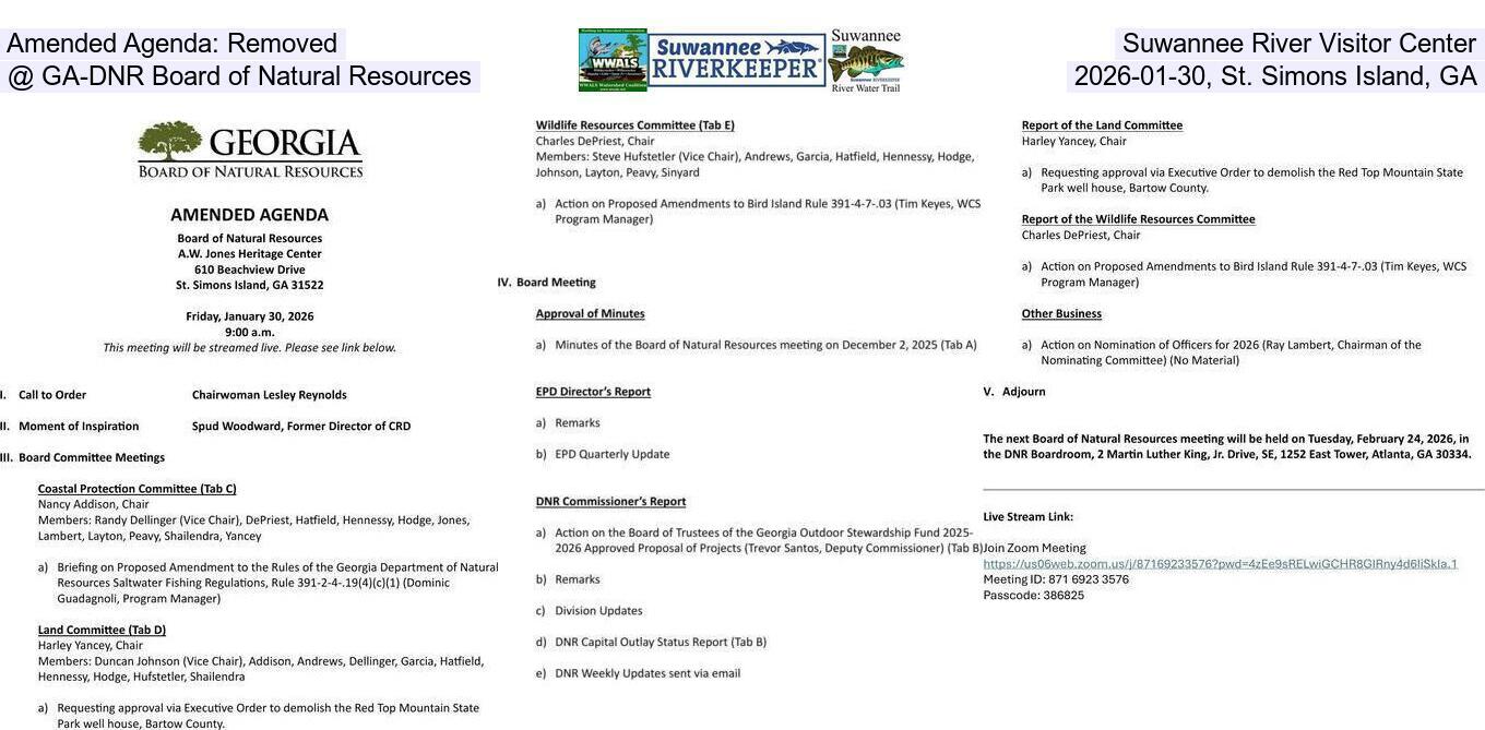 Amended Agenda: Removed, Suwannee River Visitor Center @ GA-DNR Board of Natural Resources, 2026-01-30, St. Simons Island, GA