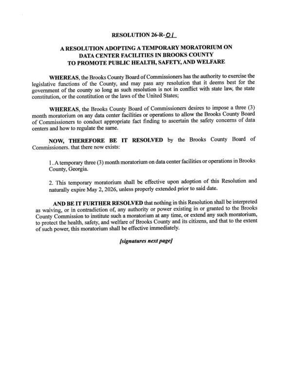 [Data Center Moratorium Resolution, 2026-02-26, Brooks County Commission]