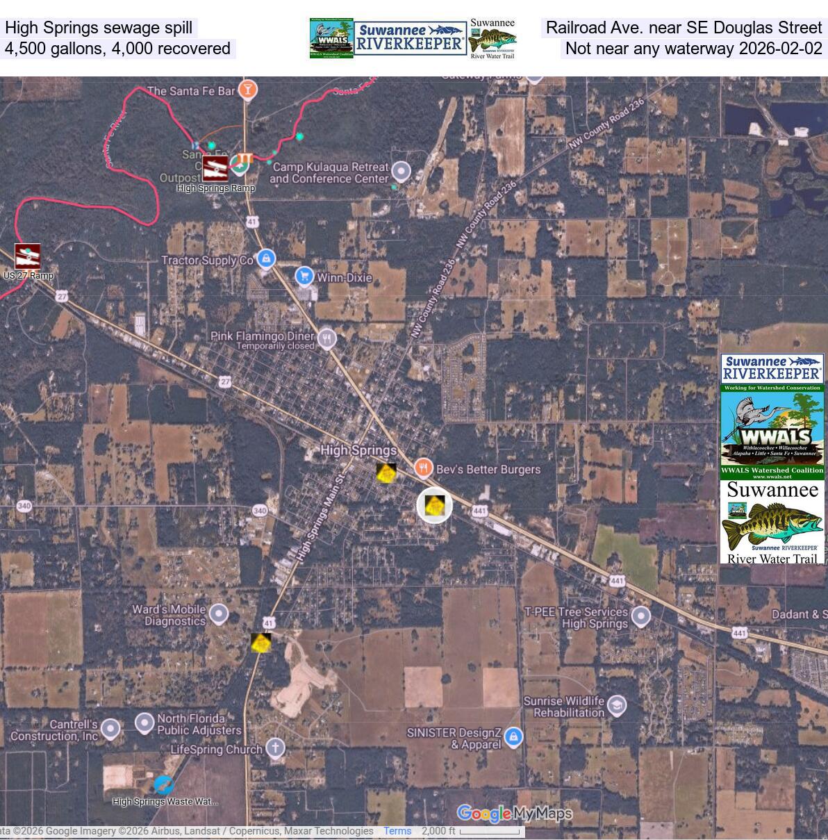 [High Springs sewage spill, Railroad Ave. near SE Douglas Street, 4,500 gallons, 4,000 recovered, Not near any waterway 2026-02-02]