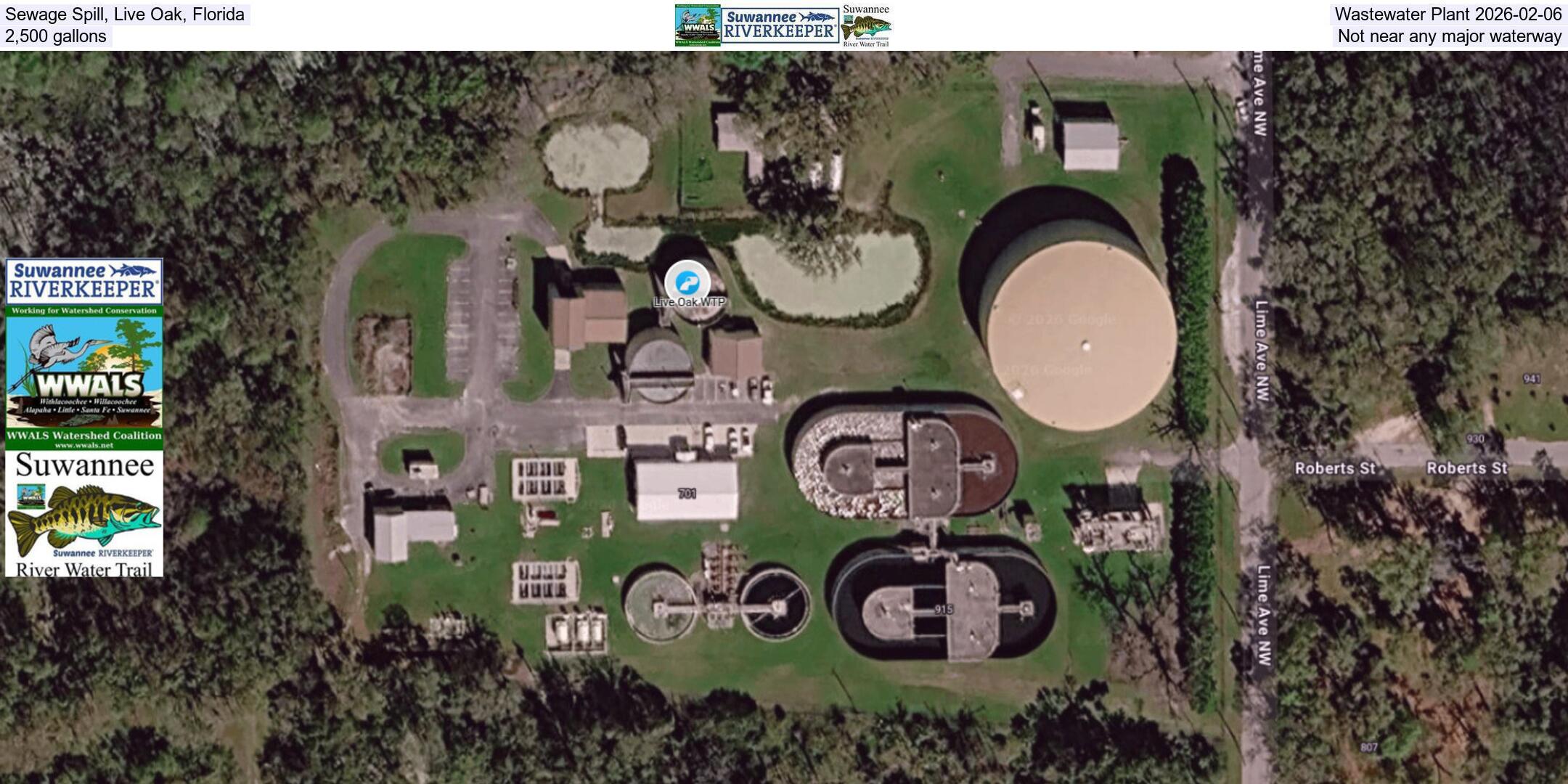 Sewage Spill, Live Oak, Florida, Wastewater Plant 2026-02-06, 2,500 gallons, Not near any major waterway