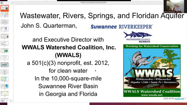 [Wastewater, Rivers, Springs, and Floridan Aquifer, 2026-02-12 --Suwannee Riverkeeper John S. Quarterman]