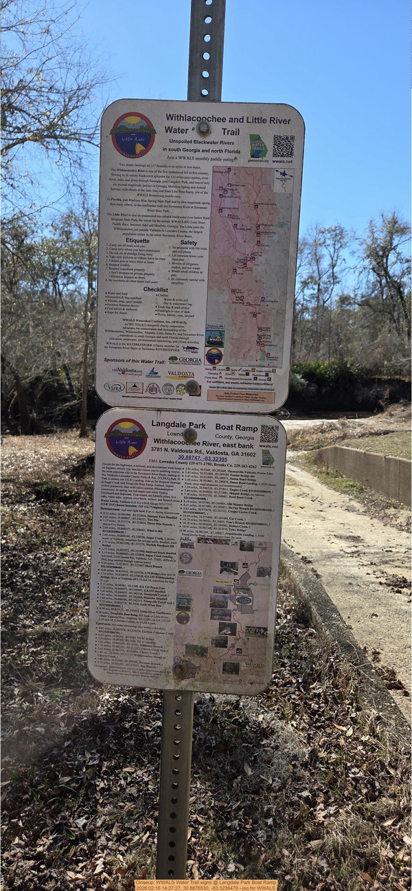 Closeup: WWALS Water Trail signs @ Langdale Park Boat Ramp, 2026:02:16 14:27:27, 30.8876530, -83.3236479 --jsq for WWALS