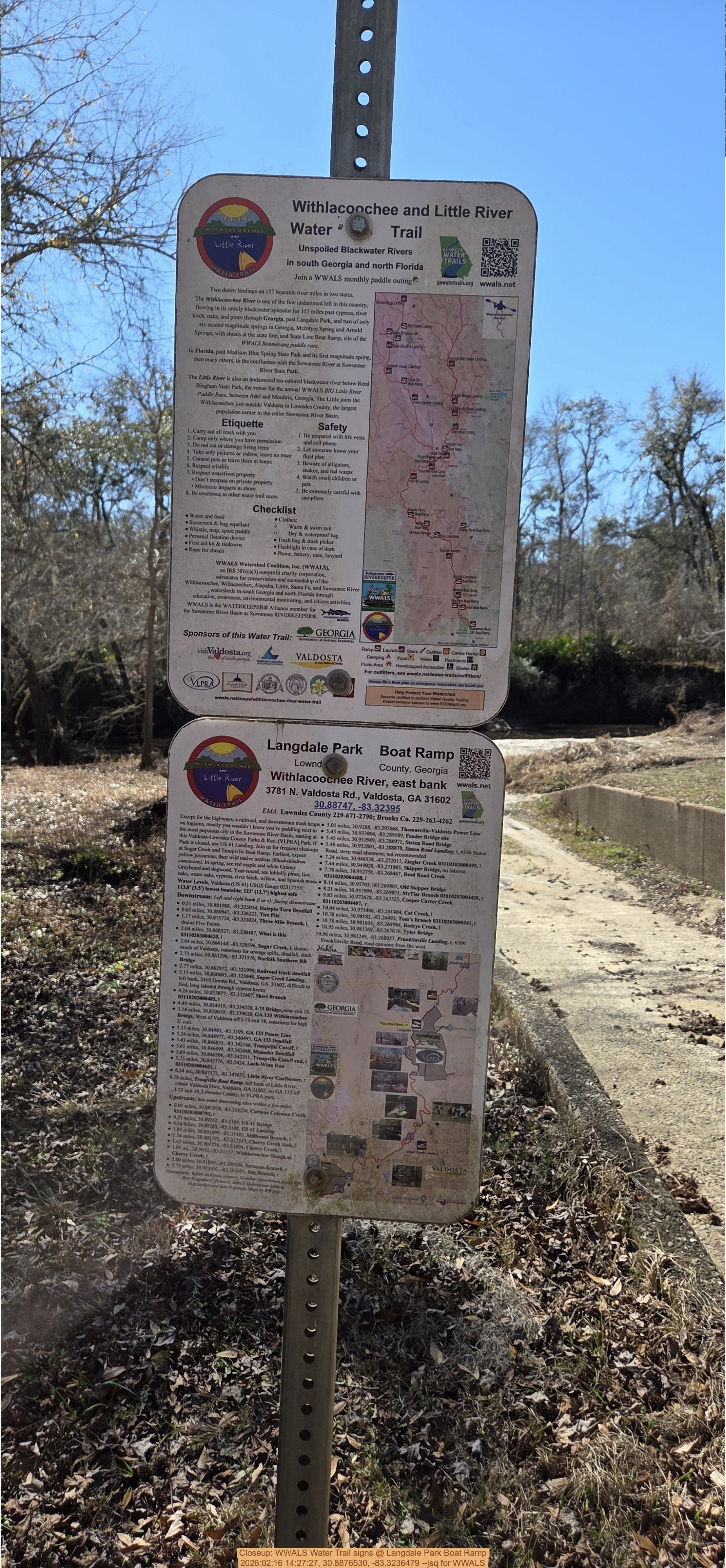 Closeup: WWALS Water Trail signs @ Langdale Park Boat Ramp, 2026:02:16 14:27:27, 30.8876530, -83.3236479 --jsq for WWALS