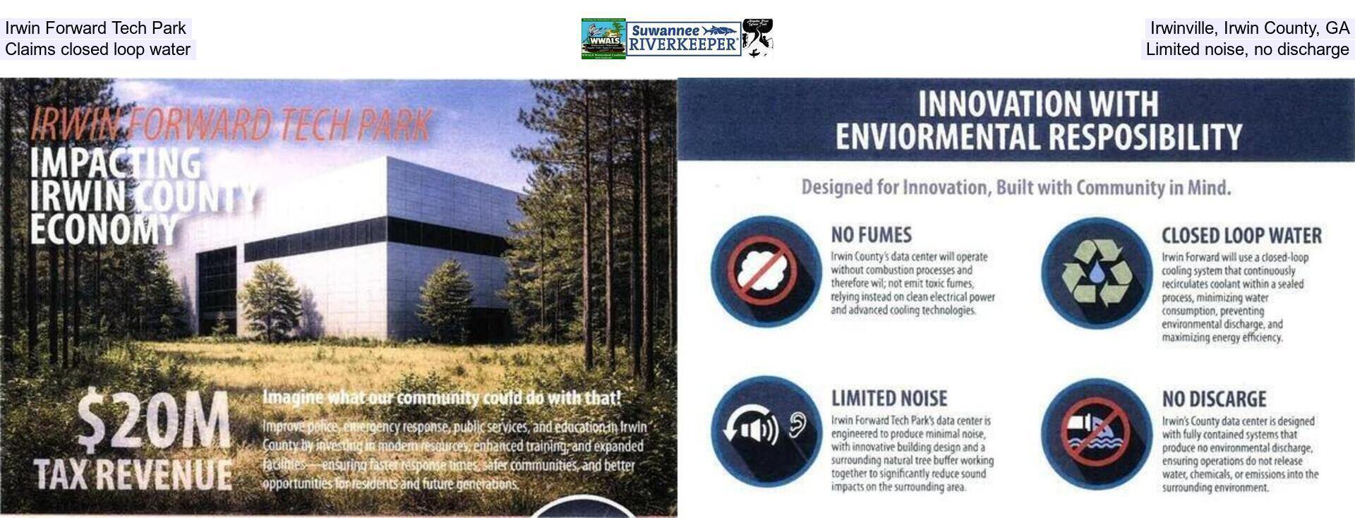 Irwin Forward Tech Park, Irwinville, Irwin County, GA, Claims closed loop water, Limited noise, no discharge