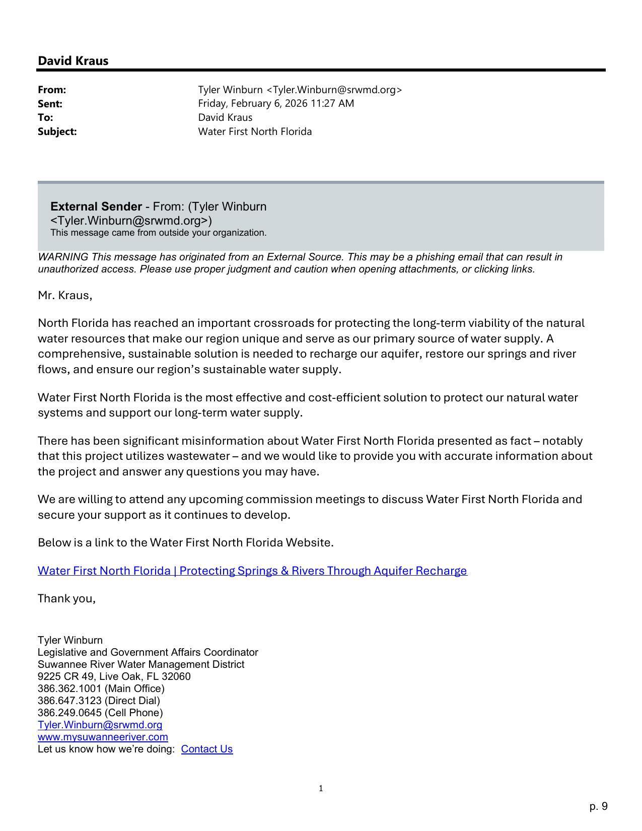 From: Tyler Winburn Subject: Water First North Florida