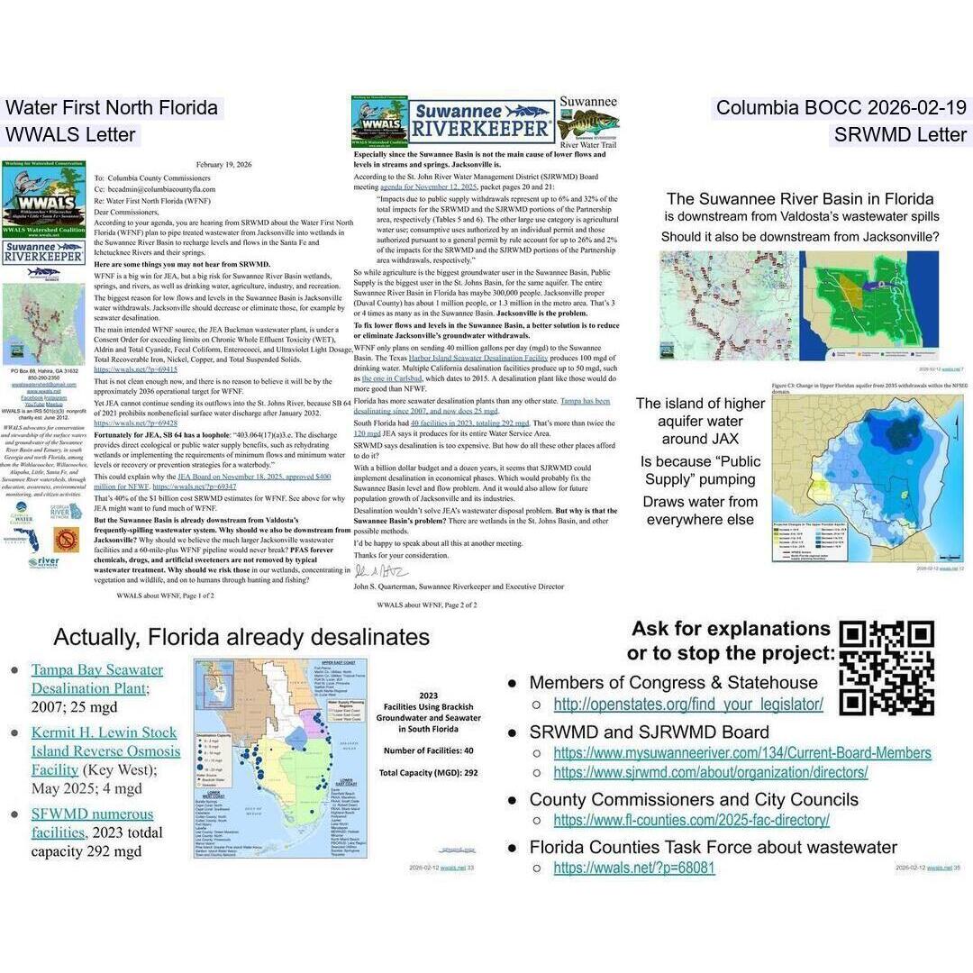 Water First North Florida, Columbia BOCC 2026-02-19, WWALS Letter, SRWMD Letter