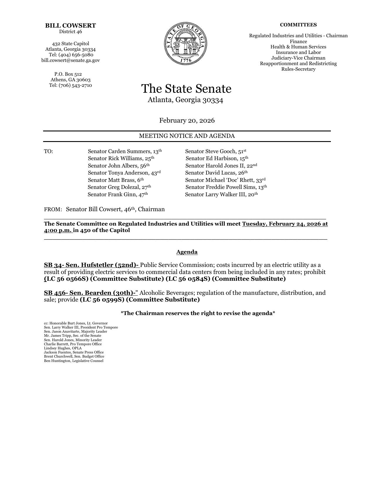 Agenda, 2026-02-24 --Georgia Senate Committee on Regulated Industries and Utilities