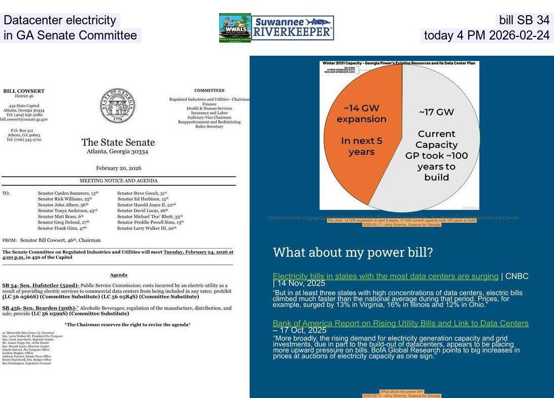 Datacenter electricity bill SB 34 in GA Senate Committee, today 4 PM 2026-02-24