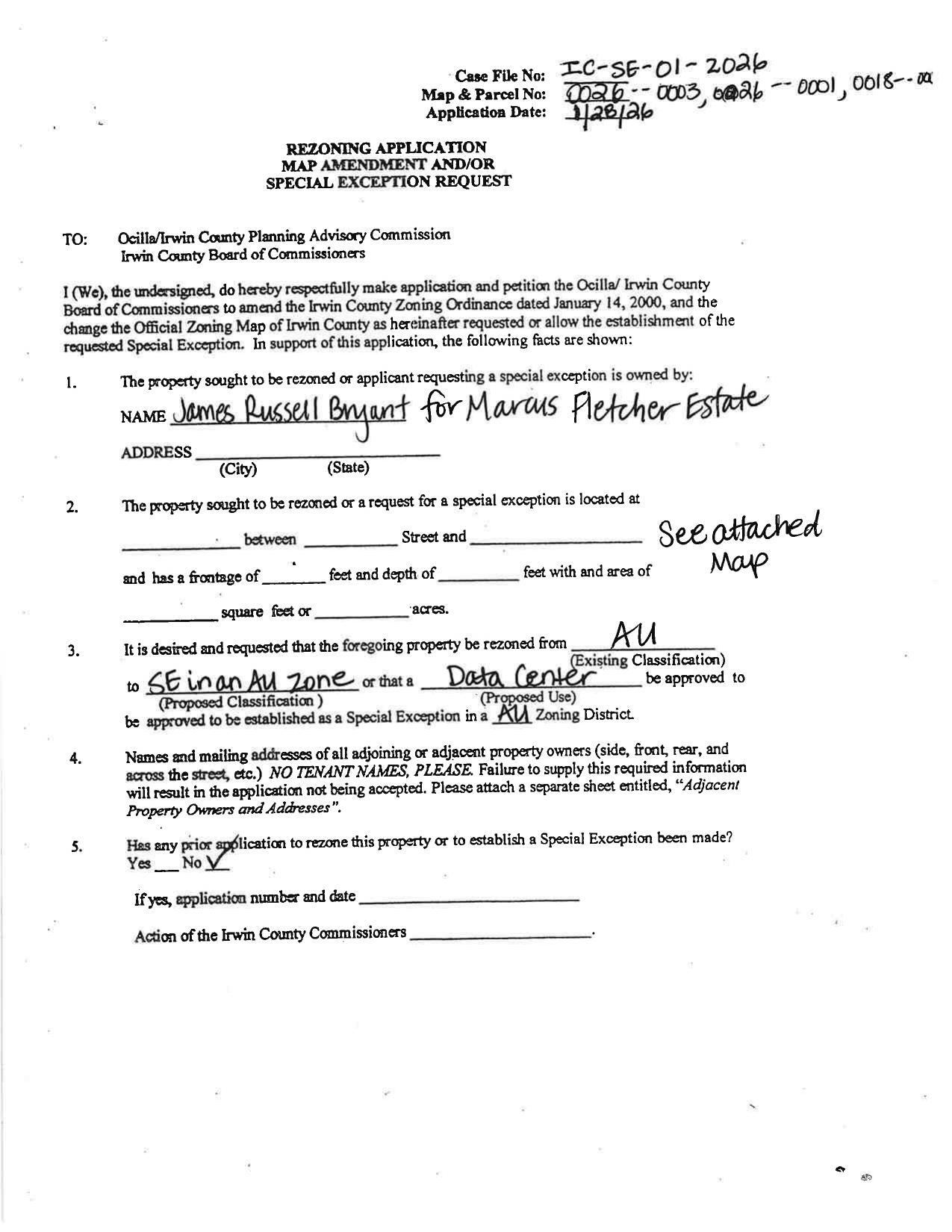 SPECIAL EXCEPTION REQUEST by James Russell Bryant for Marcus Fletcher Estate