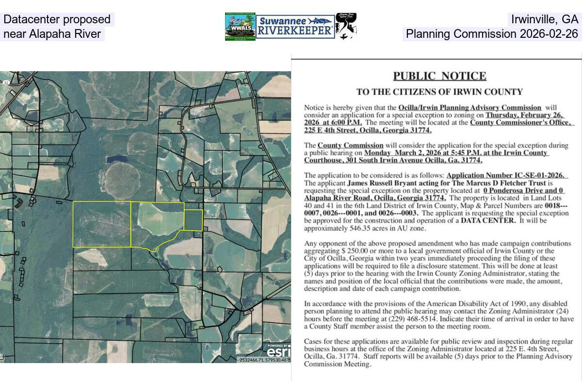 Datacenter proposed, Irwinville, GA, near Alapaha River, Planning Commission 2026-02-26