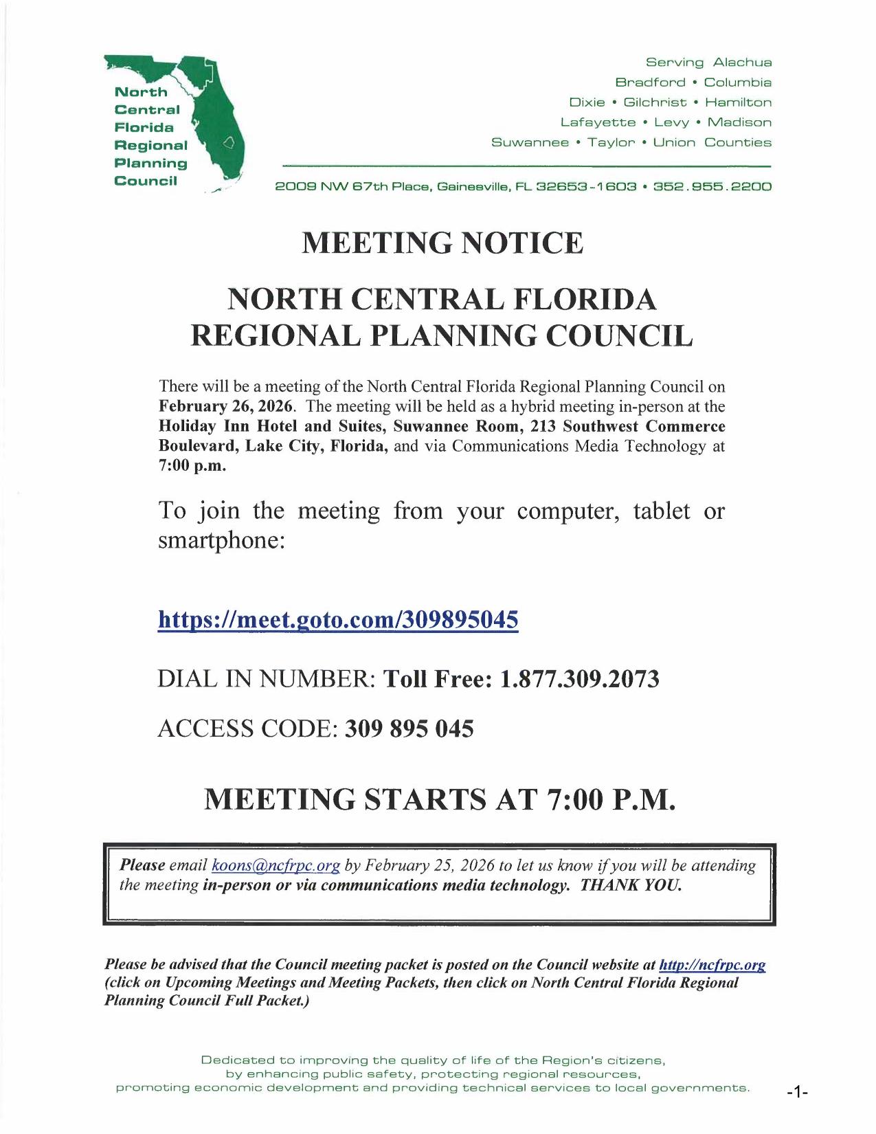 Meeting Notice: 7 PM, Thursday, February 26, 2026, 2026-02-26 --NCFRPC Agenda