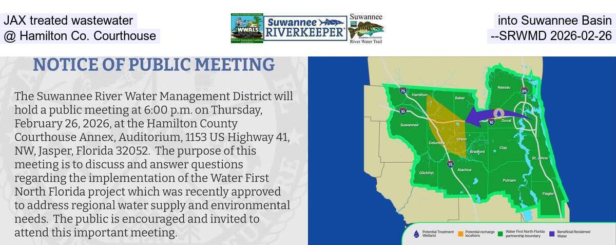 JAX treated wastewater into Suwannee Basin, @ Hamilton Co. Courthouse --SRWMD 2026-02-26