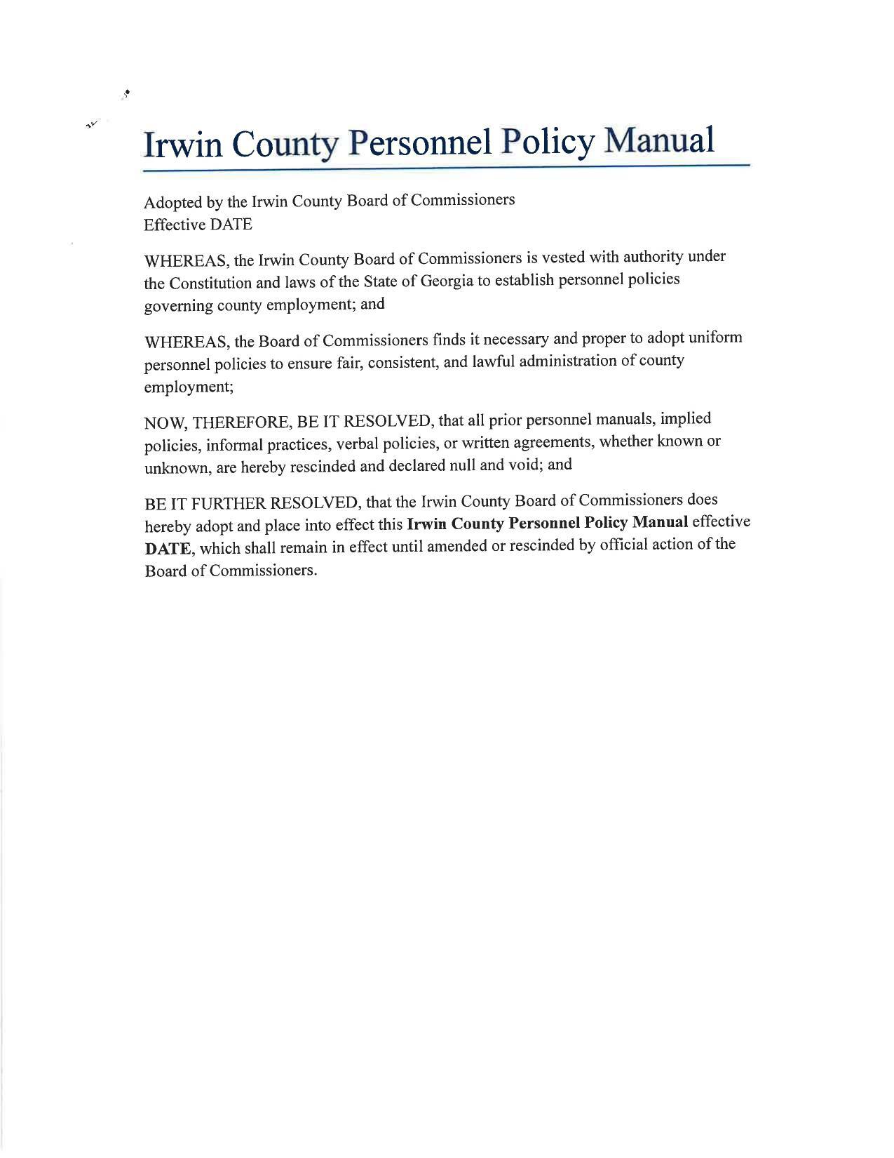 Irwin County Personnel Policy Manual