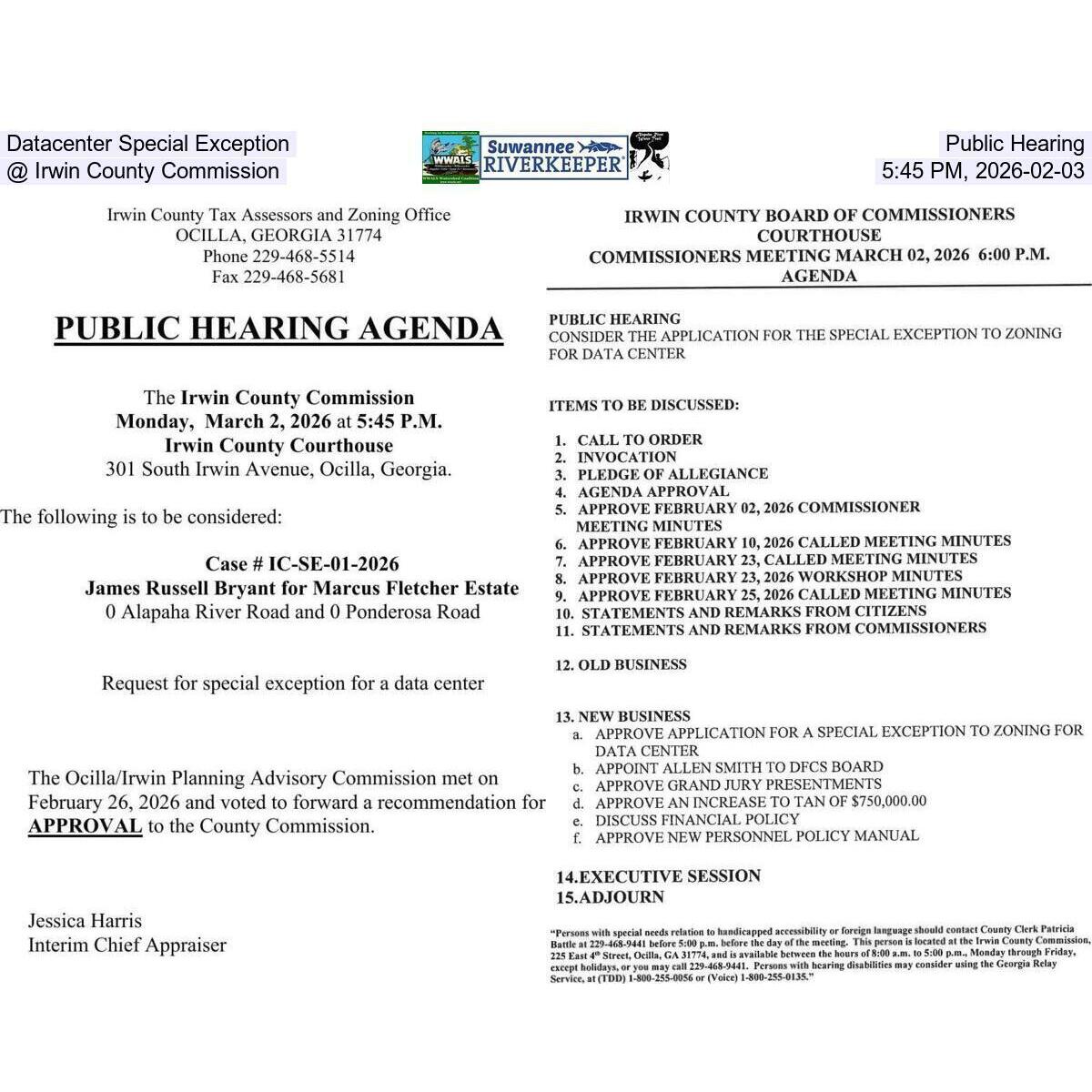 Datacenter Special Exception Public Hearing @ Irwin County Commission, 5:45 PM, 2026-02-03
