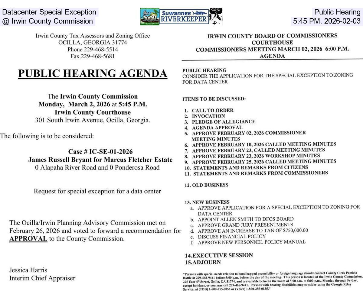 [Datacenter Special Exception Public Hearing @ Irwin County Commission, 5:45 PM, 2026-02-03]