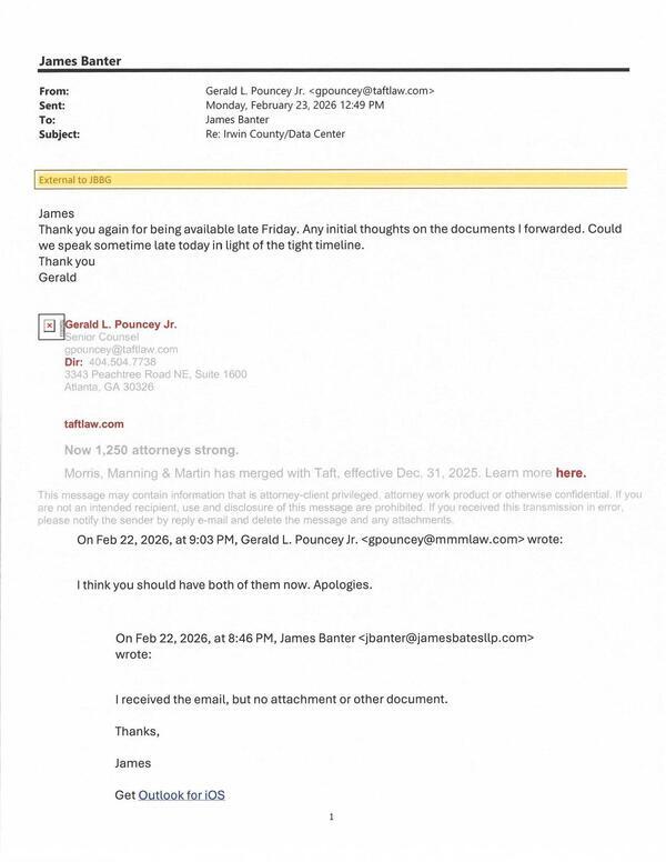 James Thank you again for being available late Friday. Any initial thoughts on the documents I forwarded. 2026-02-23 12:48:56 PM Could we speak sometime late today in light of the tight timeline. --Gerald L. Pouncey Jr.