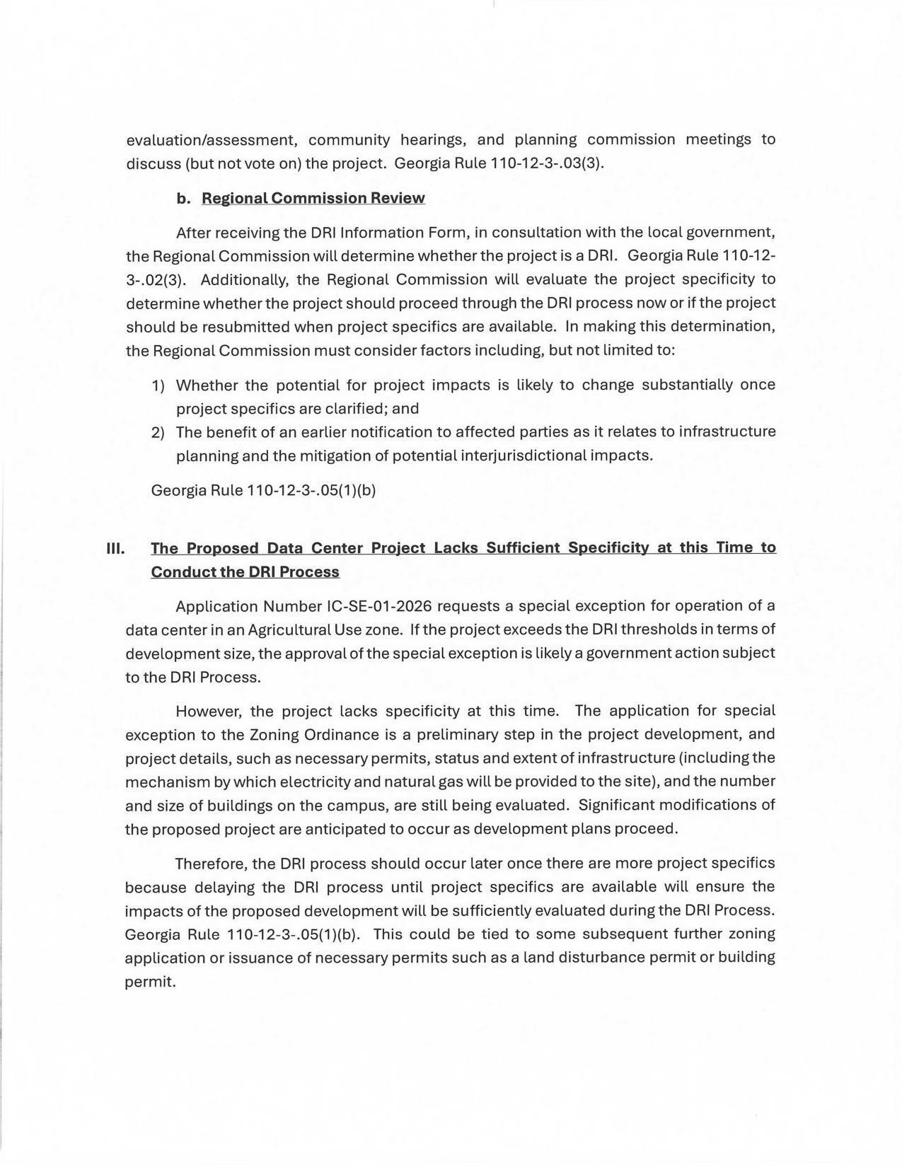 III. The Proposed Data Center Project Lacks Sufficient Specificity at this Time to Conduct the DRI Process