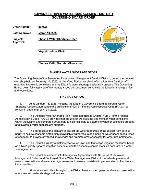 Order Number: 26-002 Date Approved: March 10, 2026 Subject: Phase II Water Shortage Order