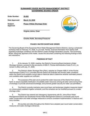 [Order Number: 26-002 Date Approved: March 10, 2026 Subject: Phase II Water Shortage Order]