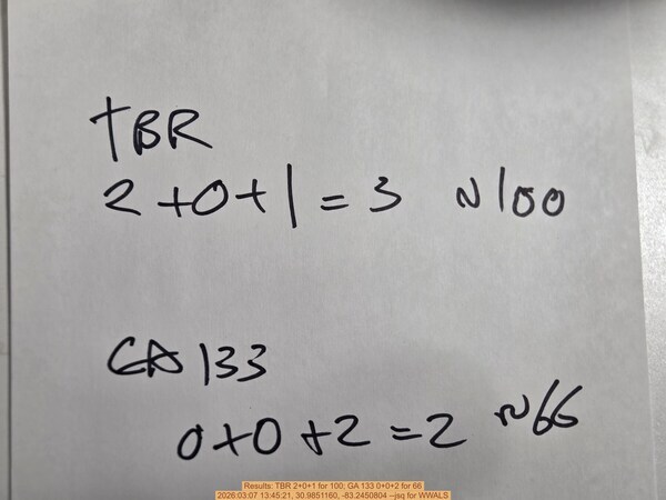 Results: TBR 2+0+1 for 100; GA 133 0+0+2 for 66, 2026:03:07 13:45:21, 30.9851160, -83.2450804 --jsq for WWALS