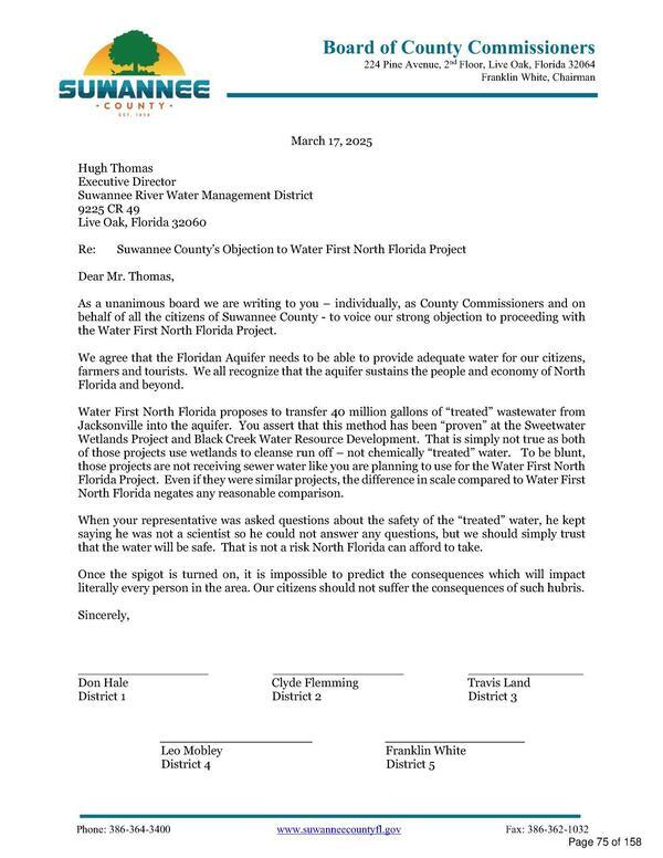 Suwannee County’s Objection to Water First North Florida Project, 2026-03-17 --Suwannee County Board of County Commissioners