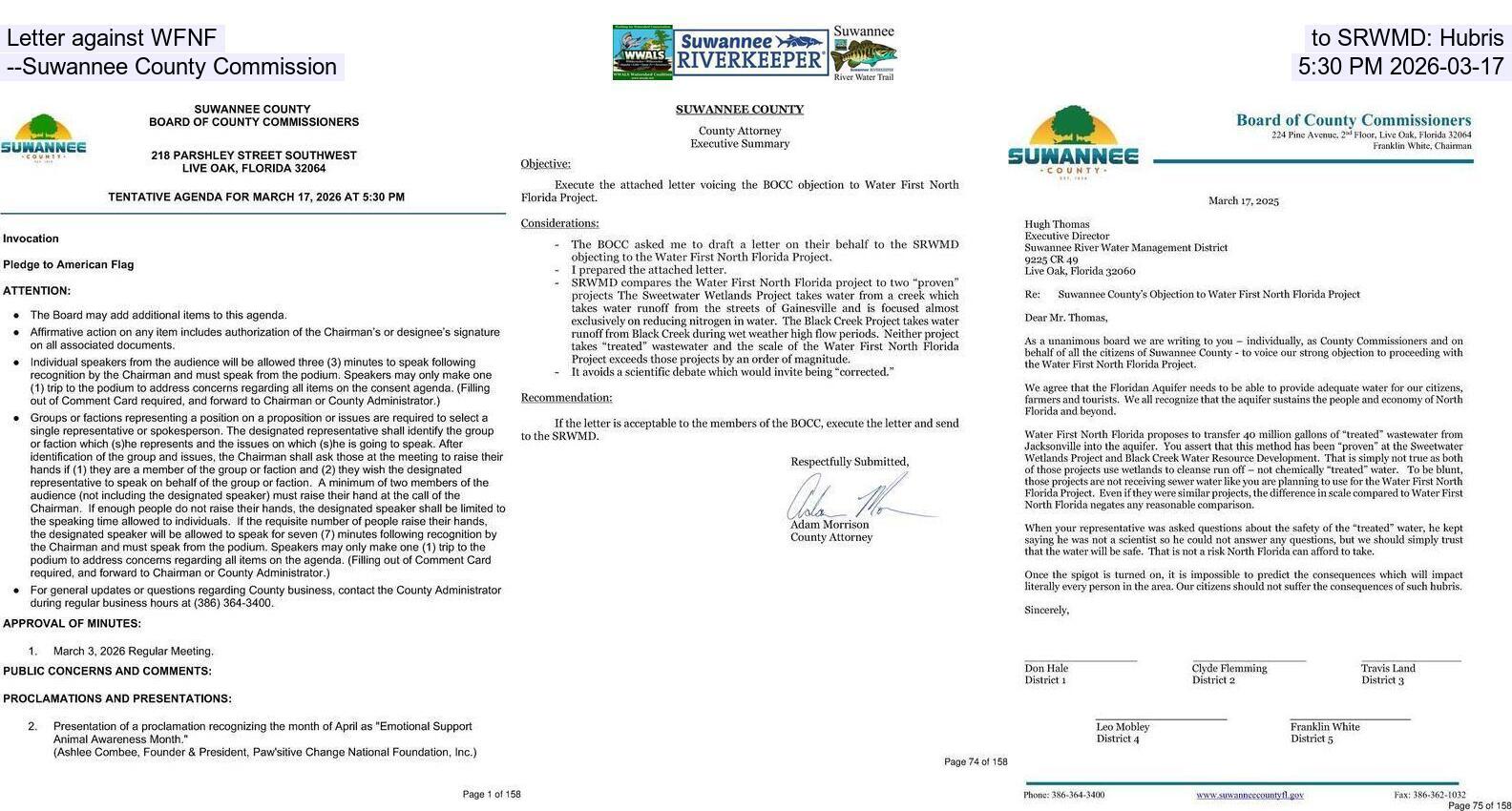 Letter against WFNF, to SRWMD: Hubris --Suwannee County Commission, 5:30 PM 2026-03-17