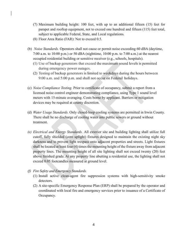 (d) Water Usage Standards. Only closed-loop cooling systems are permitted in Irwin County. There shall be no discharge of cooling water into public sewers or ground without treatment.
