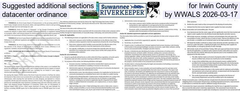 Suggested additional sections for Irwin County datacenter ordinance, by WWALS 2026-03-17