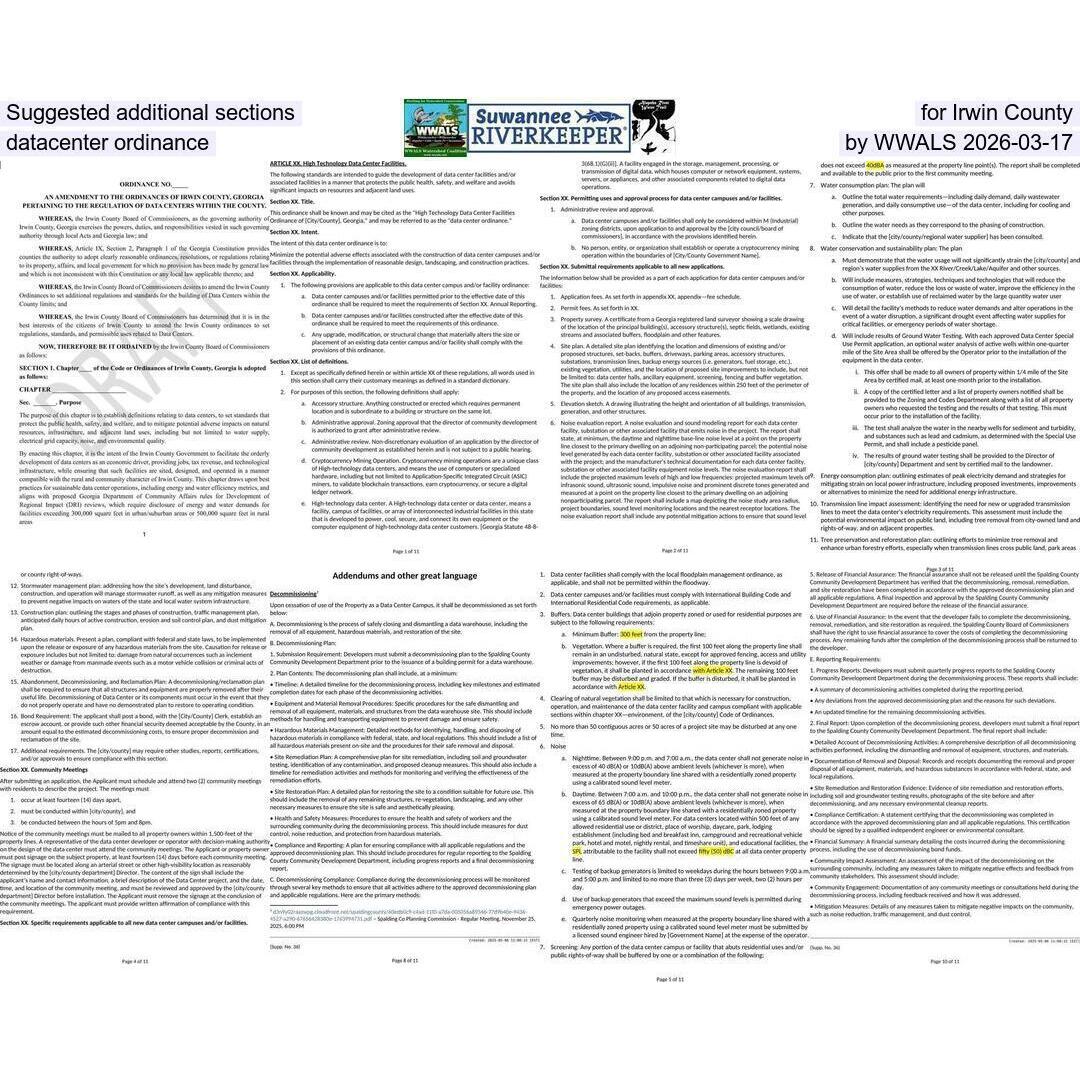 Suggested additional sections for Irwin County datacenter ordinance, by WWALS 2026-03-17