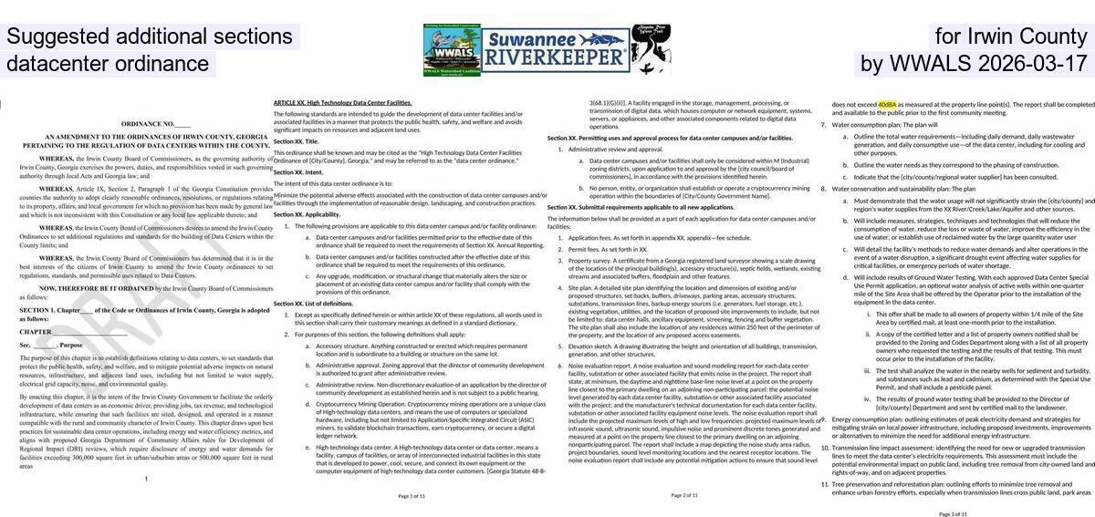 Suggested additional sections for Irwin County datacenter ordinance, by WWALS 2026-03-17