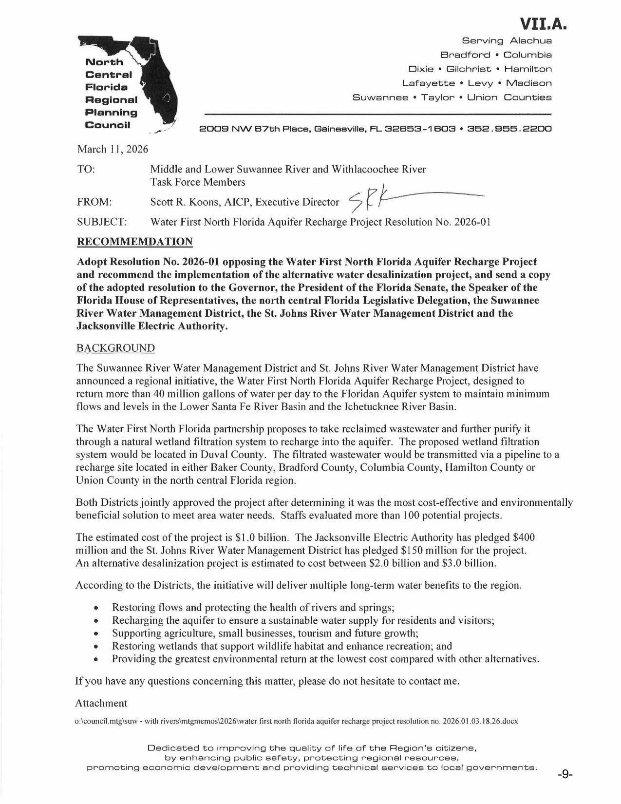 Water First North Florida Aquifer Recharge Project Resolution No. 2026-01