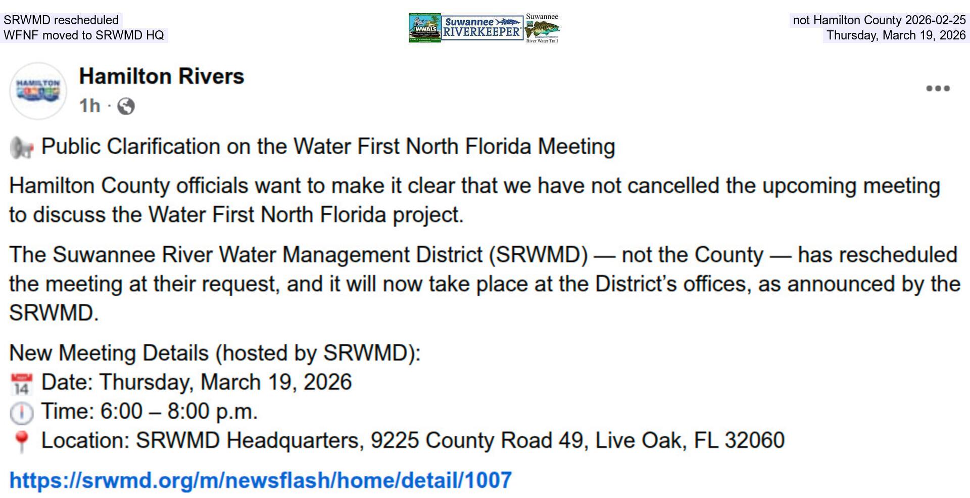 SRWMD rescheduled, not Hamilton County 2026-02-25, WFNF moved to SRWMD HQ, Thursday, March 19, 2026