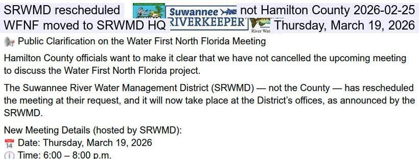 SRWMD rescheduled, not Hamilton County 2026-02-25, WFNF moved to SRWMD HQ, Thursday, March 19, 2026