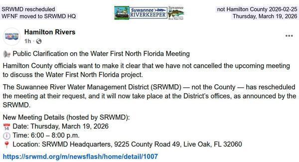 SRWMD rescheduled, not Hamilton County 2026-02-25, WFNF moved to SRWMD HQ, Thursday, March 19, 2026