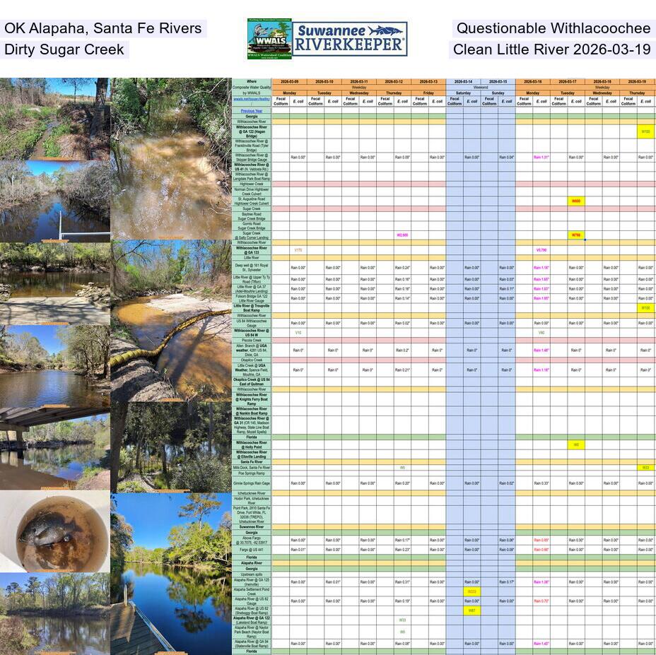 [OK Alapaha, Santa Fe Rivers, Questionable Withlacoochee, Dirty Sugar Creek, Clean Little River 2026-03-19]