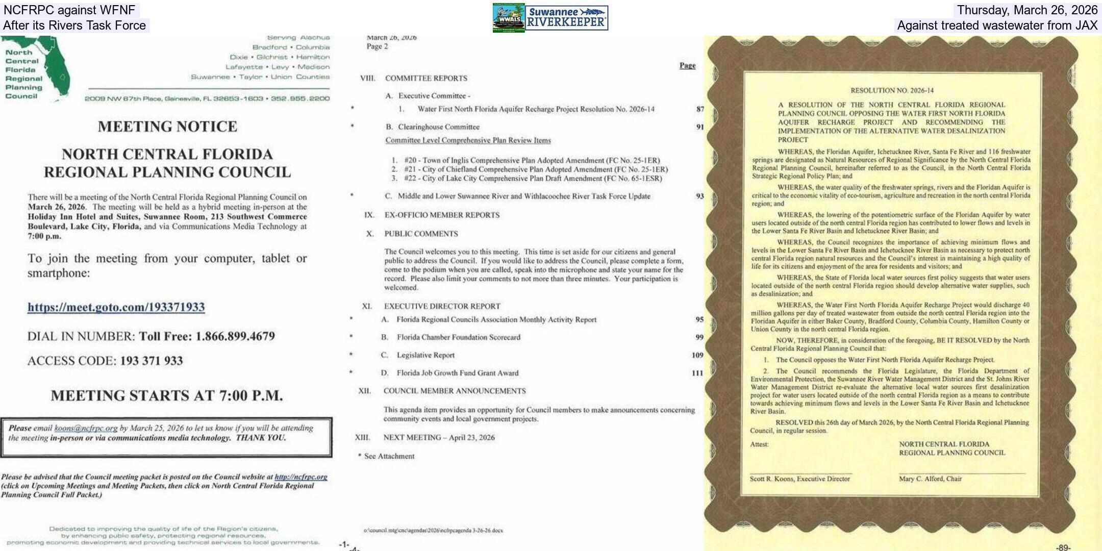 NCFRPC against WFNF, Thursday, March 26, 2026, After its Task Force, Against treated wastewater from JAX